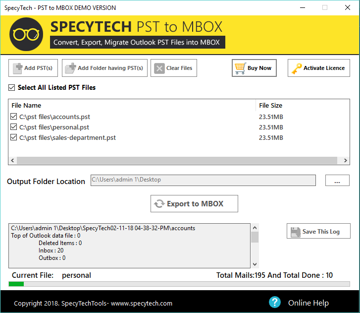 Windows 8 SpecyTech PST to MBOX full