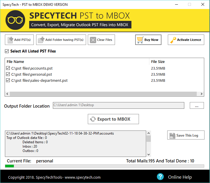 SpecyTech PST to MBOX screenshot